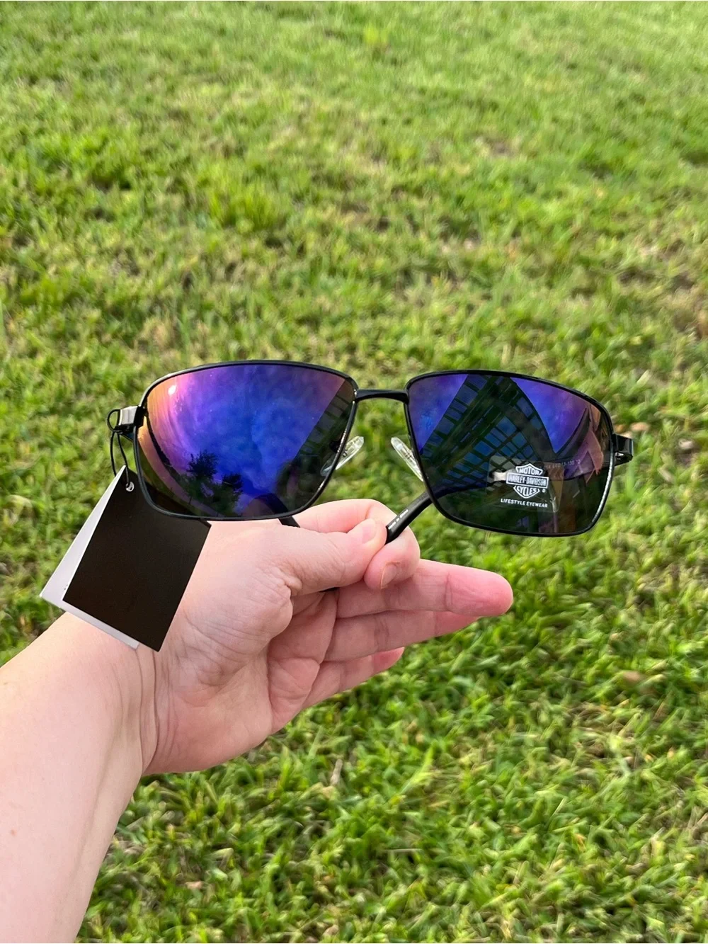 NWT Harley-Davidson Black Frame Sunglasses with Blue-Purple Reflective Lenses